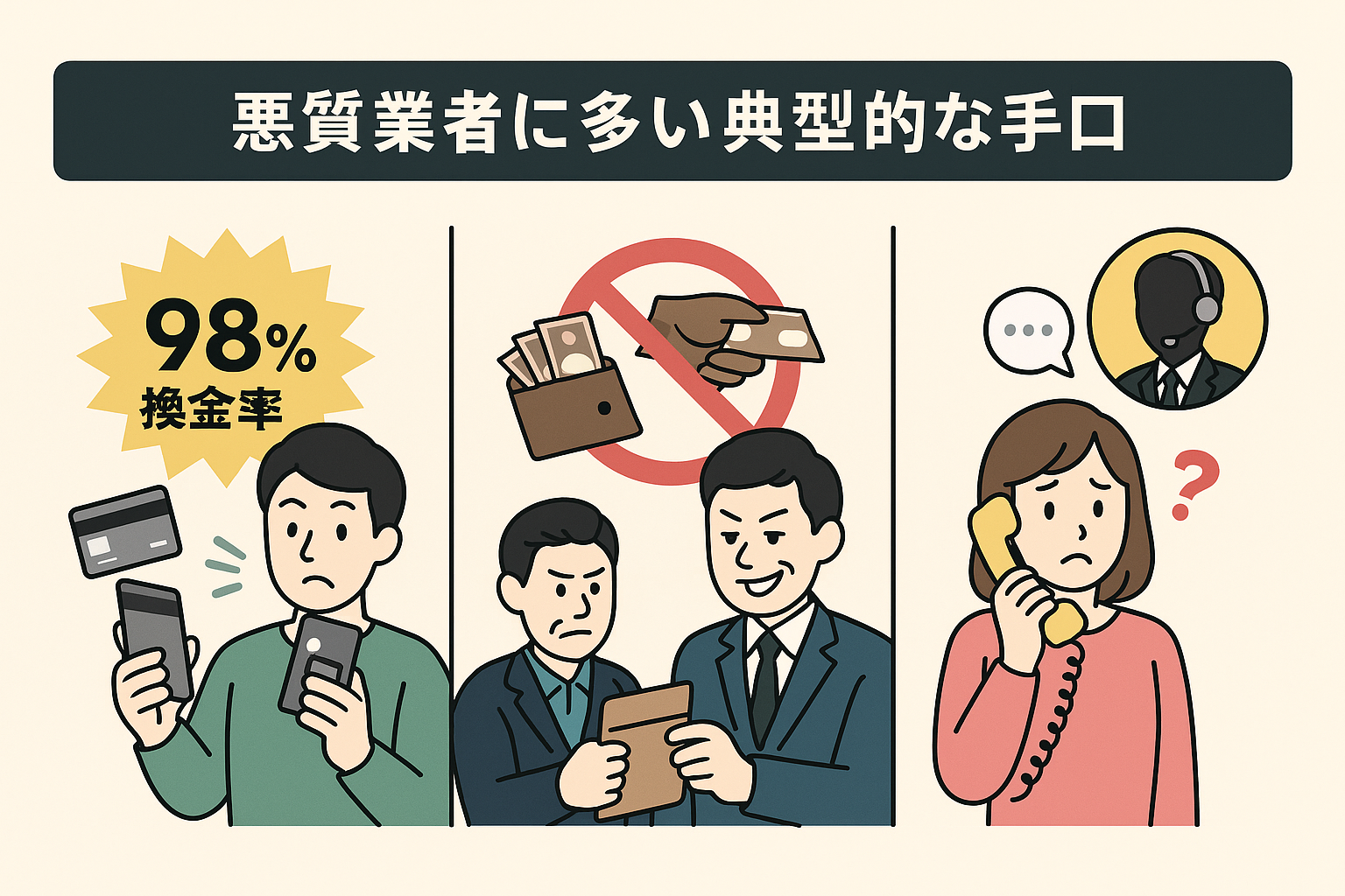 クレジットカード現金化の悪質業者の手口とは?対処法や安全な優良業者も紹介! 118 image1