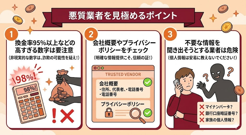 auかんたん決済は安全に現金化できる?利用停止を防ぐ優良業者も紹介 119 gk-悪質業者を見抜くポイント