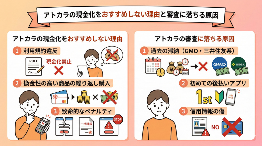 アトカラは即日現金化できる?審査落ちの原因とすぐ現金を作れる代替アプリ5選 119 GK_アトカラの現金化をおすすめしない理由と審査に落ちる原因