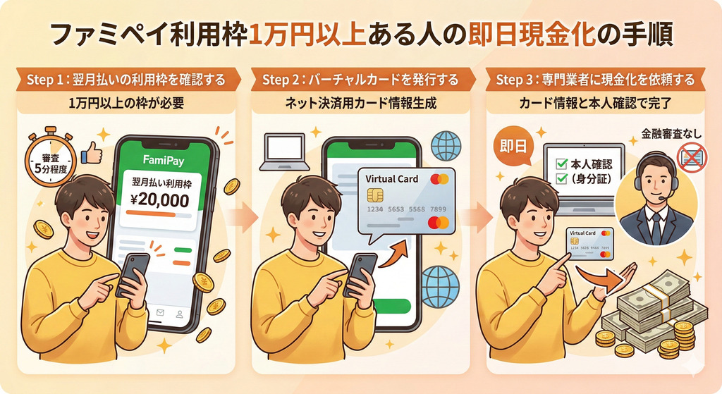 ファミペイを即日現金化する方法|審査落ち時の代替アプリも紹介 119 GK_ファミペイ利用枠が1万円以上ある人の即日現金化の手順