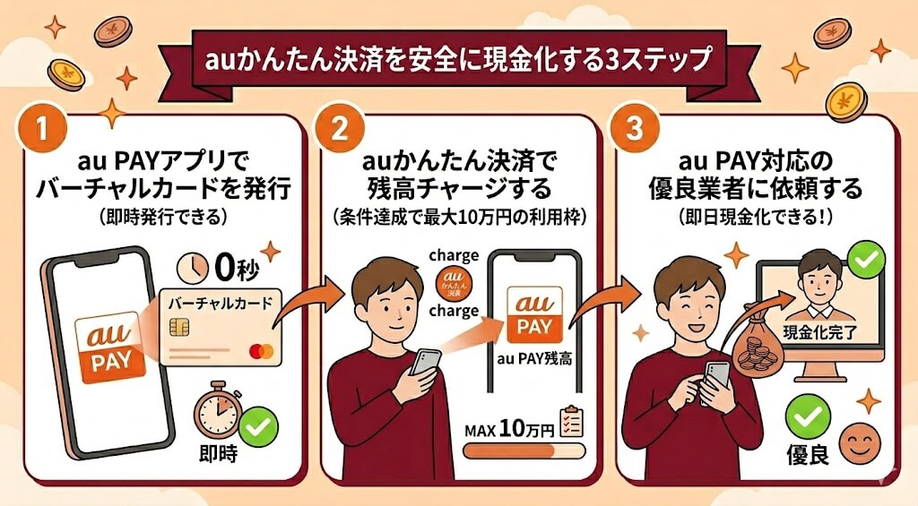 auかんたん決済は安全に現金化できる?利用停止を防ぐ優良業者も紹介 201 auかんたん決済3ステップ