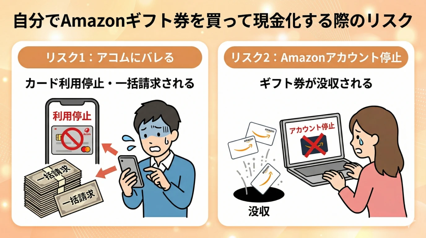 【2026年3月最新】アコムマスターカード即日現金化の手順と優良業者 201 GK-自分でAmazonギフト券を買って現金化する際のリスク