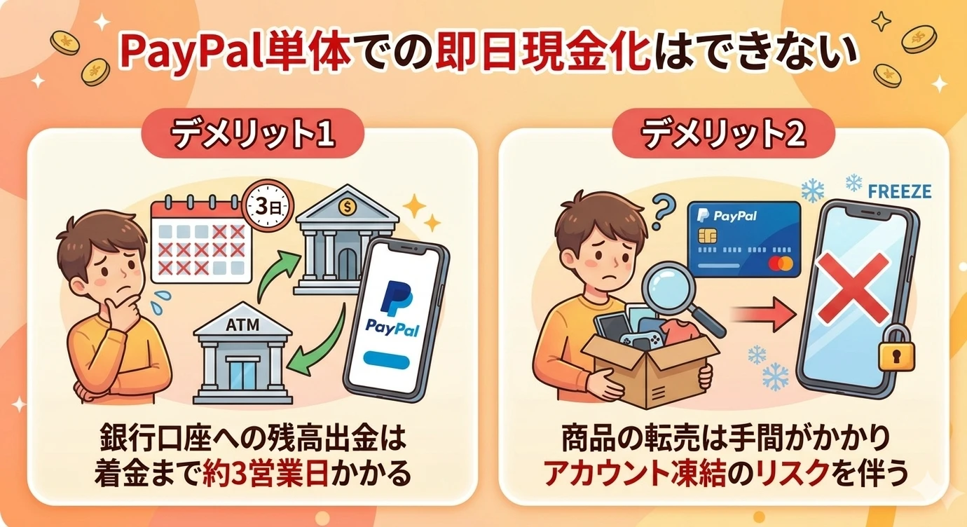 【2026年3月最新】PayPal残高は即日現金化できる?代替手段も解説 118 GK-結論:PayPal(ペイパル)単体での即日現金化はできない
