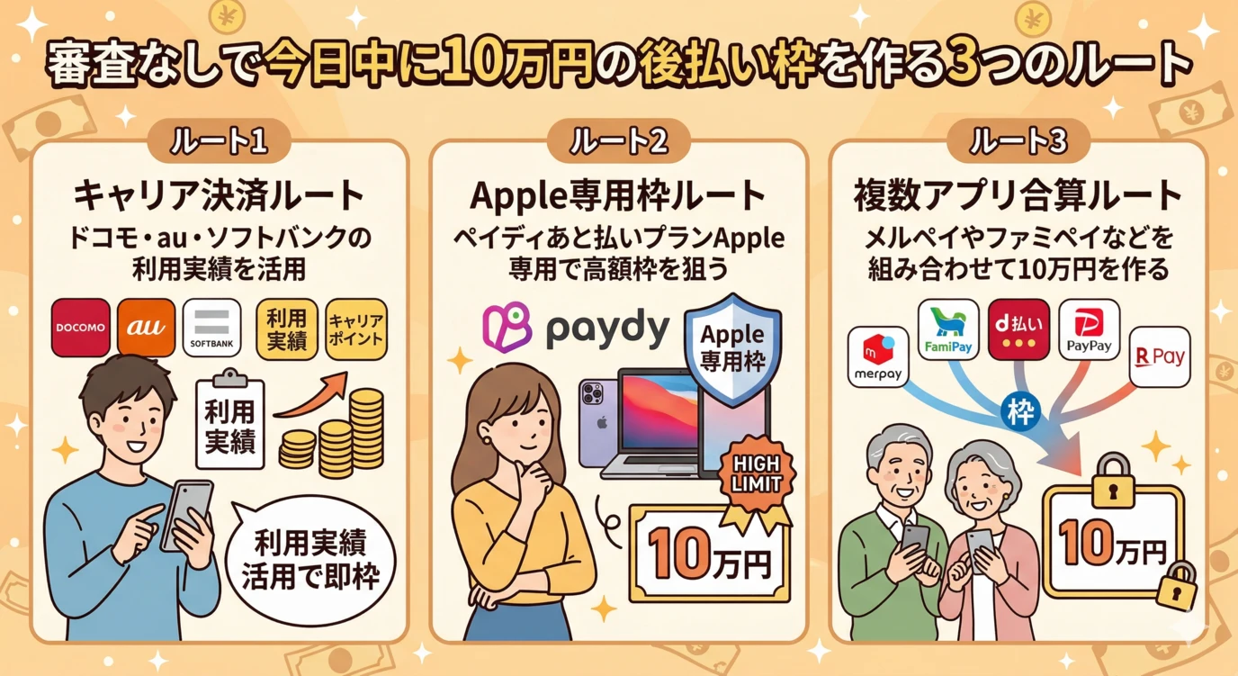 【2026年3月最新】審査なしで10万円使える後払いアプリはある?即日現金化の方法 223 GK-審査なしで今日中に10万円の後払い枠を作る3つのルート