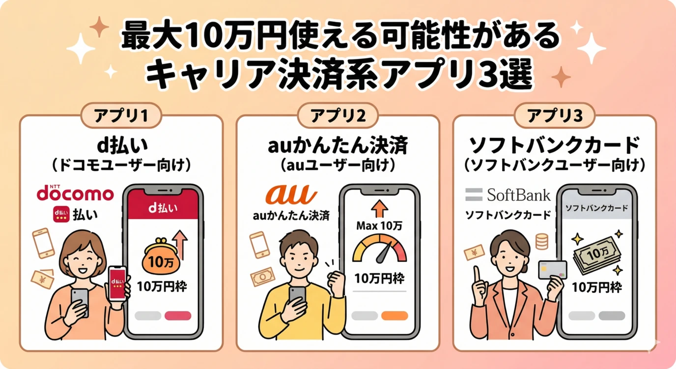 【2026年3月最新】審査なしで10万円使える後払いアプリはある?即日現金化の方法 224 GK-最大10万円使える可能性があるキャリア決済系アプリ3選