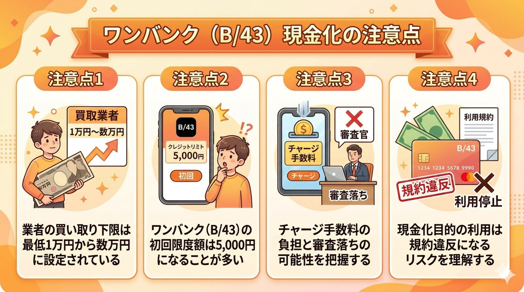 ワンバンク(B/43)を即日現金化!枠不足を補う後払いアプリ5選 113 GK_ワンバンク(B/43)現金化の注意点