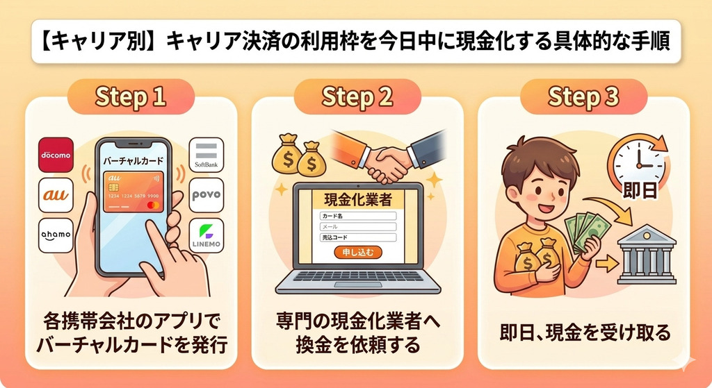 キャリア決済を即日現金化できる優良業者5選|ドコモ・au・ソフトバンクの現金化方法 199 GK_【キャリア別】キャリア決済の利用枠を今日中に現金化する具体的な手順