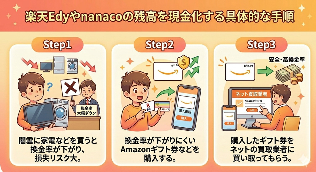 電子マネーを現金化する方法|EdyやSuicaなど種類別の換金ルート 120 GK_楽天Edyやnanacoの残高を現金化する具体的な手順