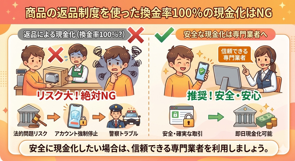 電子マネーを現金化する方法|EdyやSuicaなど種類別の換金ルート 203 GK_商品の返品制度を使った換金率100%の現金化はNG
