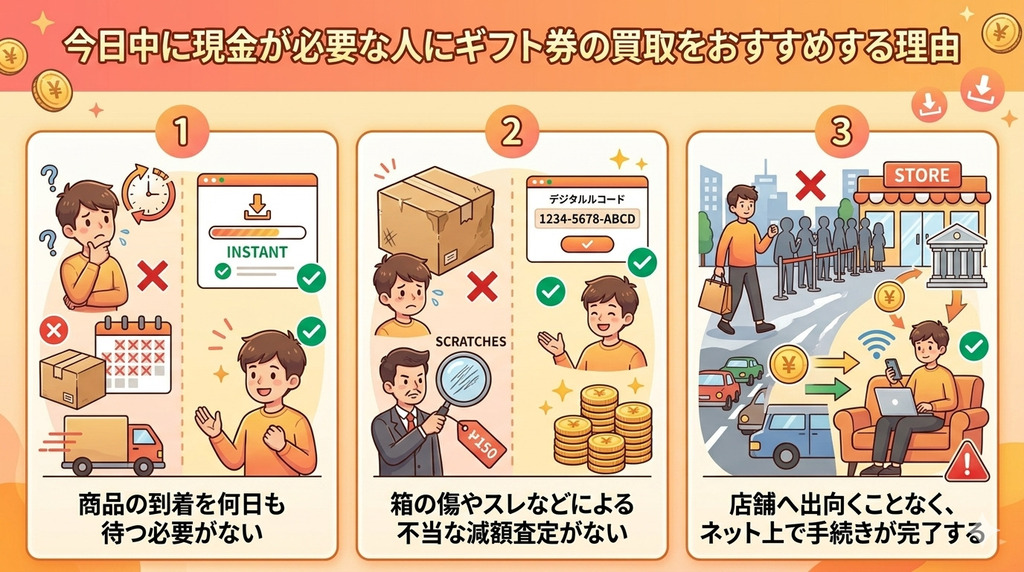 Amazon換金率の高い商品7選!即日現金化できる高く売れるもの 115 GK_今日中に現金が必要な人にギフト券の買取をおすすめする理由