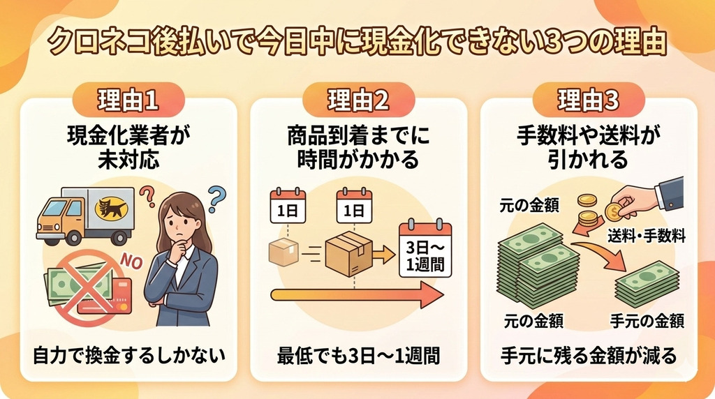 クロネコ後払いは即日現金化できない?今日中に現金を作る方法を解説 118 GK_クロネコ後払いで今日中に現金化できない3つの理由