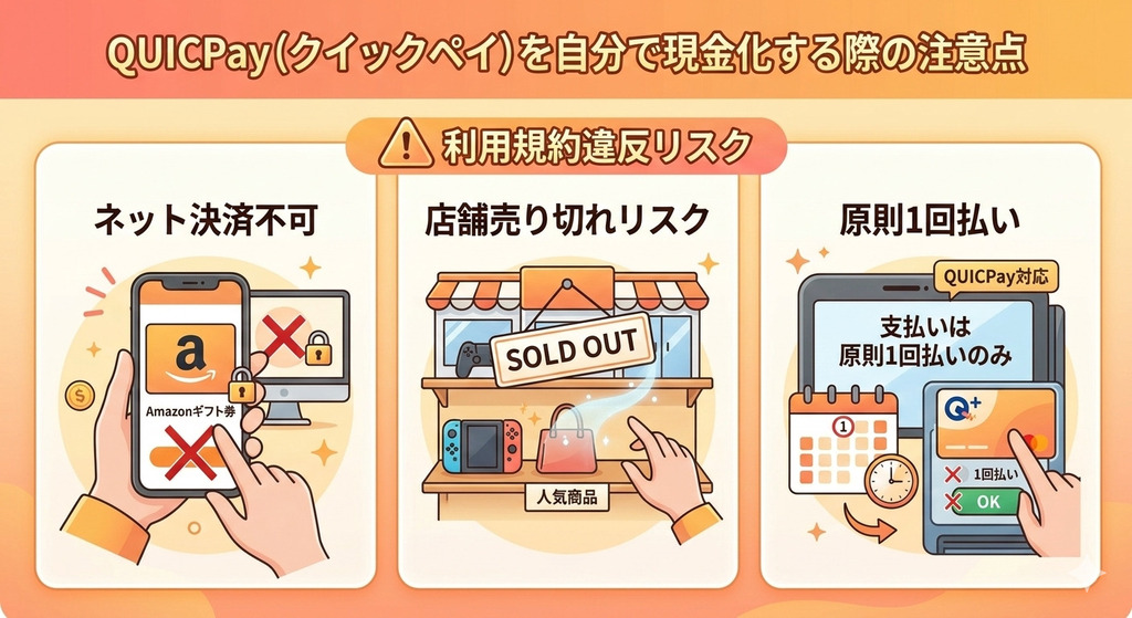 QUICPay(クイックペイ)を現金化する方法|即日対応の優良店やクレカなしの手順 197 GK_QUICPay(クイックペイ)を自分で現金化する際の注意点