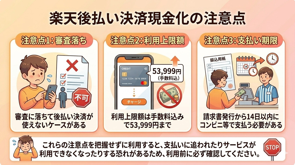 楽天後払いは即日現金化できる?今日中に現金を手に入れる方法を解説 206 GK_楽天後払い決済現金化の注意点