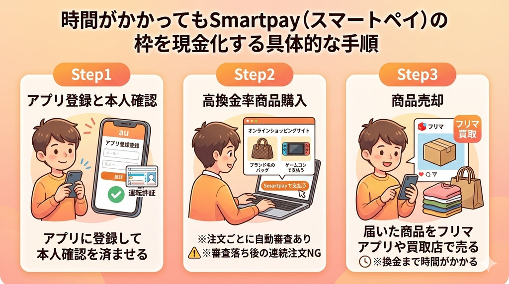 Smartpay(スマートペイ)を現金化する方法|即日現金を作れる類似後払いアプリも紹介 205 GK_時間がかかってもSmartpay(スマートペイ)の枠を現金化する具体的な手順