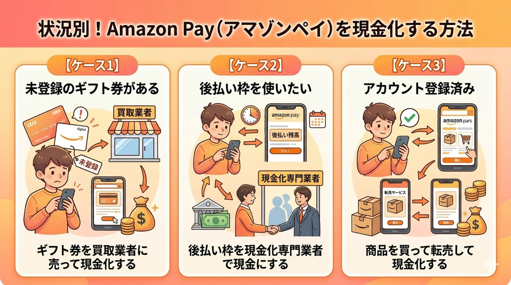 Amazon Pay(アマゾンペイ)を現金化する方法|状況別の即日ルートと注意点 13 GK_状況別!Amazon Pay(アマゾンペイ)を現金化する方法