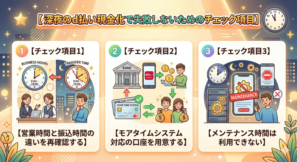 d払い現金化を24時間・即日行う裏ワザ|深夜早朝はギフト券買取で最短10分振込 202 深夜のd払い現金化で失敗しないためのチェック項目