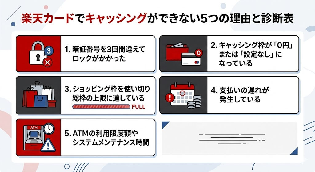 楽天カードでキャッシングできない!?5つの原因と即日現金を調達する方法 118 gk-楽天カードキャッシングできない理由
