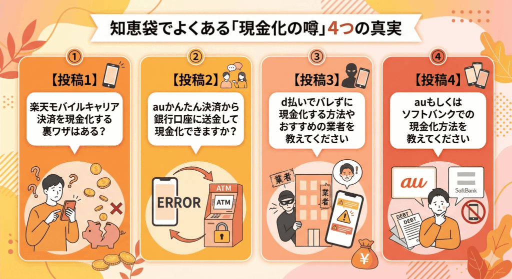 キャリア決済現金化の知恵袋4つの真実|嘘情報の見極めや安全な優良業者を解説 98 知恵袋でよくある「現金化の噂」4つの真実