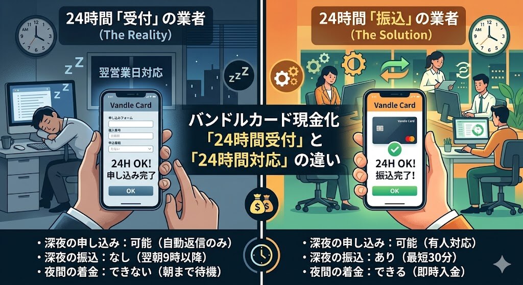 バンドルカードは24時間現金化できる?深夜受付と振込対応の差も解説 118 GK-24時間「受付」と「対応」の違い